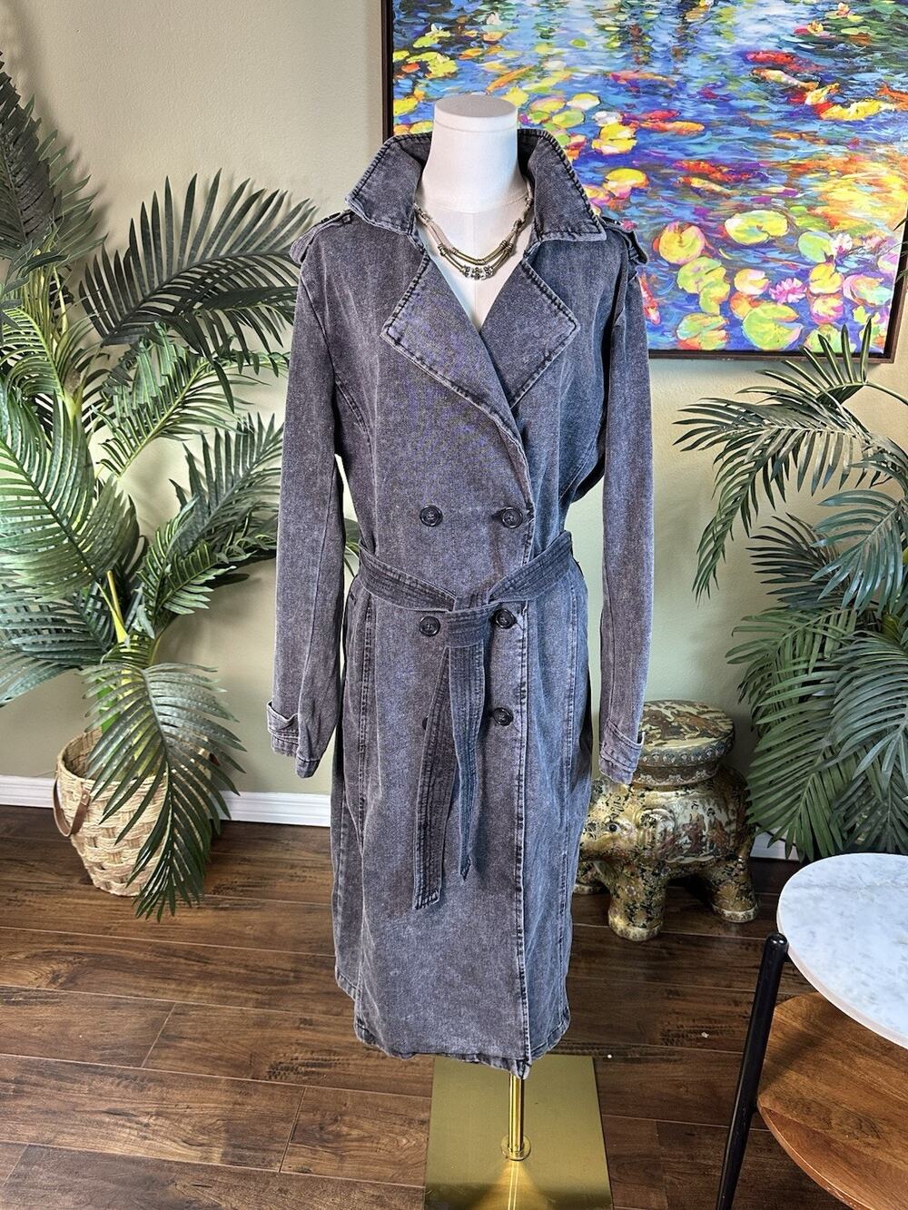 Stoosh Denim Women XL acid wash Grey duster trench belted Western Vintage vibe